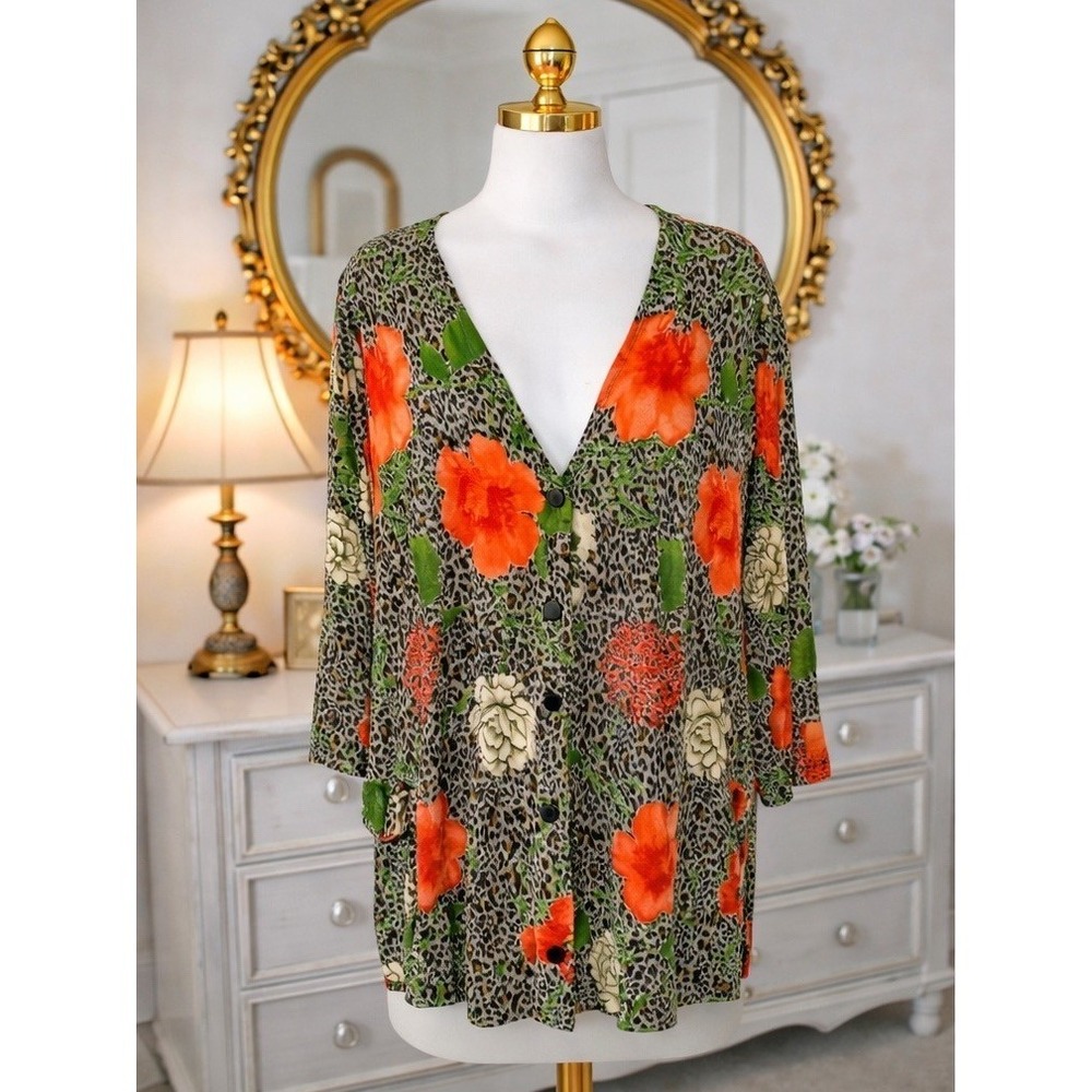 The Travel Collection Slinky Knit Cardigan Vibrant Leopard Orange Floral Size 1X